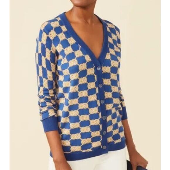 J McLaughlin Kristyn Cardigan XS Blue Heraldic Knot Print Button Front Sweater - Picture 4 of 11